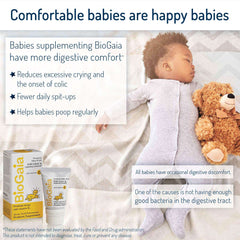 Sleeping baby with teddy and BioGaia probiotics drops for babies packaging showing probiotic supplement benefits