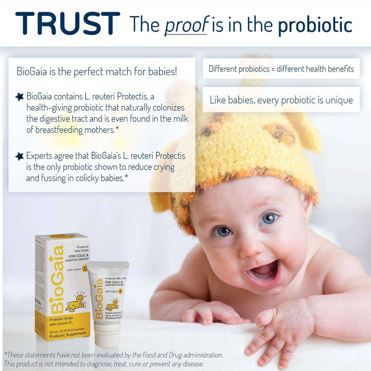 Smiling baby in yellow hat with BioGaia probiotics drops for babies packaging box and tube on white background