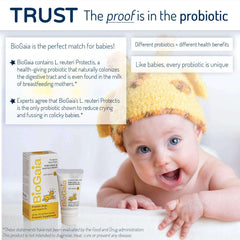 Smiling baby in yellow hat with BioGaia probiotics drops for babies packaging box and tube on white background
