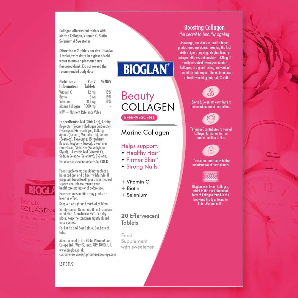 bioglan collagen effervescent tablets Beauty Collagen marine collagen pink box showing supplement label and benefits