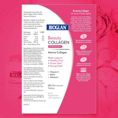 bioglan collagen effervescent tablets Beauty Collagen marine collagen pink box showing supplement label and benefits