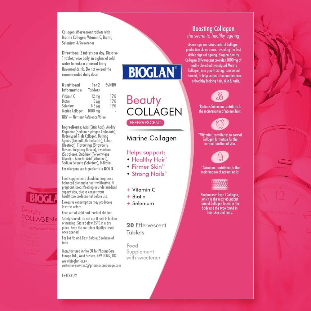 Pink Bioglan Beauty Collagen box of bioglan collagen effervescent tablets with marine collagen vitamin C biotin selenium