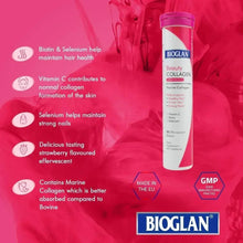 Bioglan Beauty Collagen effervescent bottle with strawberry flavor benefit icons