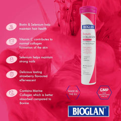 Bioglan Beauty Collagen tube with benefits list strawberry flavor and logos bioglan collagen effervescent tablets