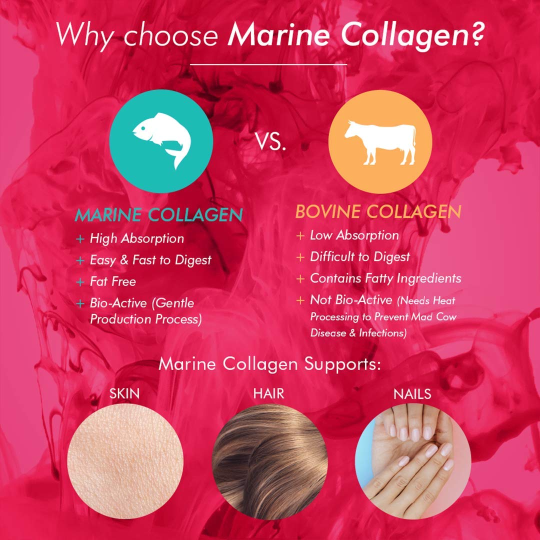 Infographic comparing marine and bovine collagen benefits for skin hair nails bioglan collagen effervescent tablets