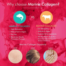 Marine collagen vs bovine collagen comparison infographic with skin, hair, and nails icons