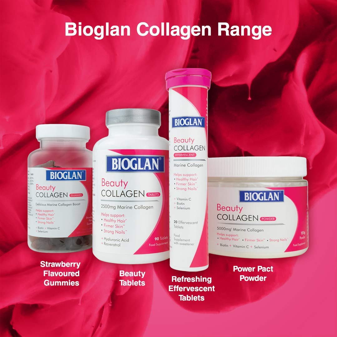 Bioglan collagen effervescent tablets tube among Bioglan collagen range with tablets gummies and powder in pink packaging