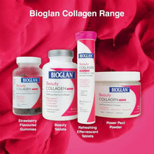 Bioglan collagen range display with gummies, tablets, effervescent, and powder containers