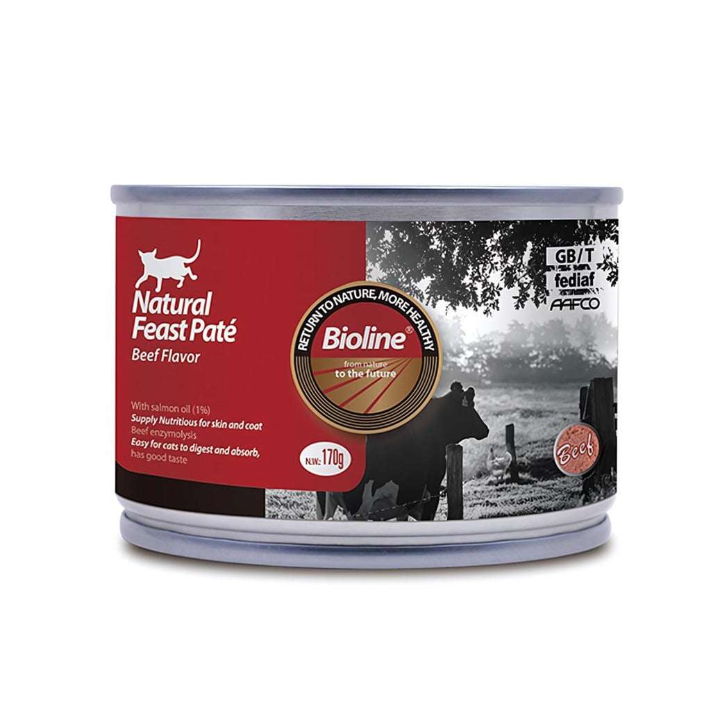 Bioline Natural Feast Pate Beef Flavor Cat Food in a 170g can for healthy feline diets