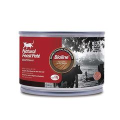 Bioline Natural Feast Pate Beef Flavor Cat Food in a 170g can for healthy feline diets