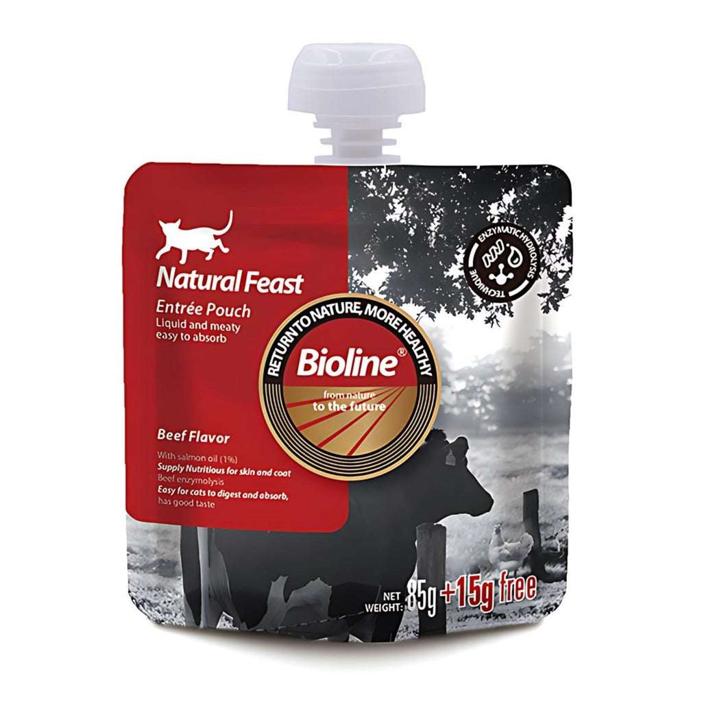 Bioline beef flavor cat food pouch with liquid and meaty texture for healthy feline eating