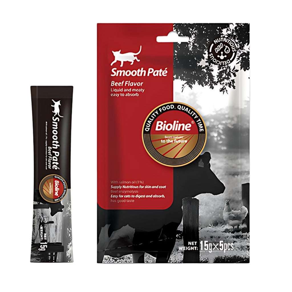 Bioline beef flavor cat pate in a 15g pack and single pouch, nourishing and easy to digest