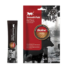 Bioline beef flavor cat pate in a 15g pack and single pouch, nourishing and easy to digest
