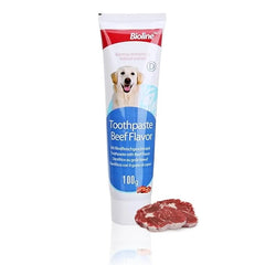 Bioline beef flavor dog toothpaste in a 100g tube for fresh breath and dental health