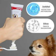 Dog toothpaste tube with ingredient icons: Sorbitol and Silica