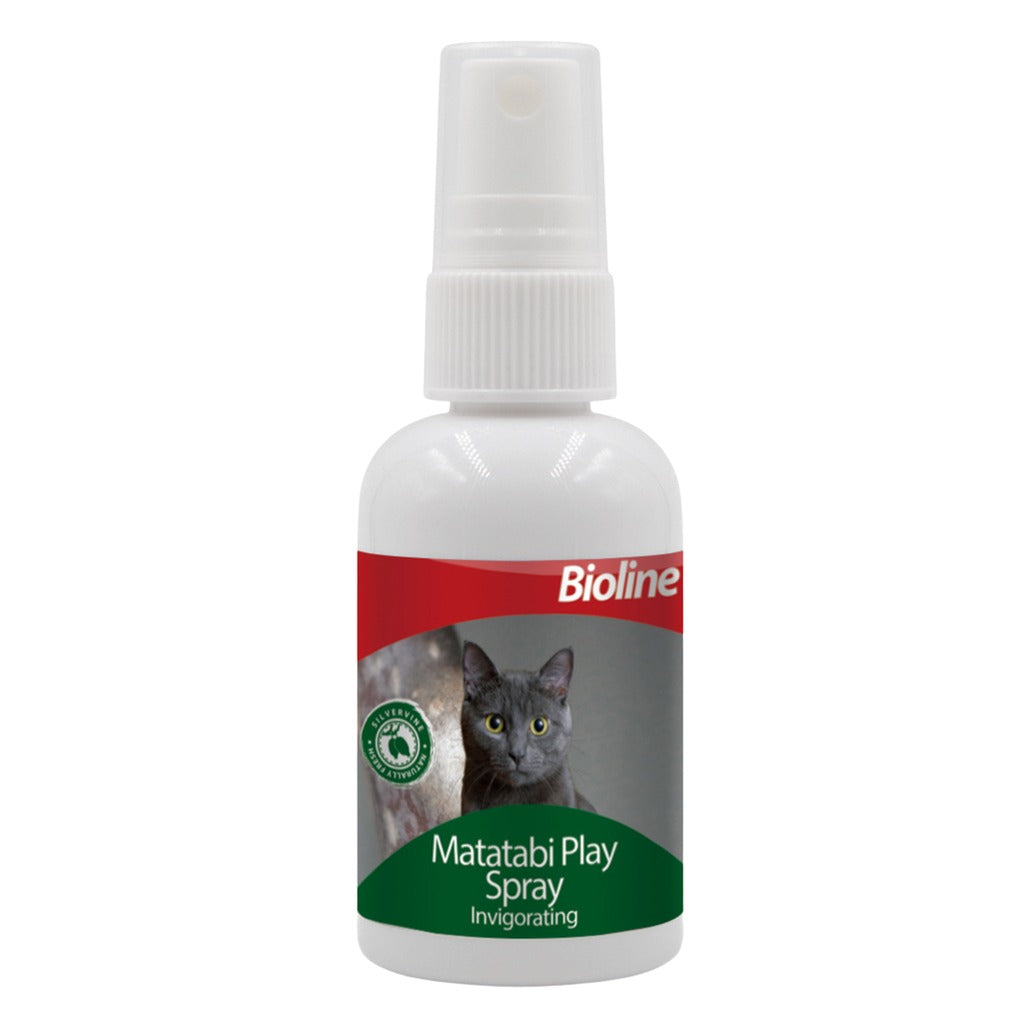 Bioline Matatabi play spray for cats in a spray bottle, designed for cat stimulation and play.