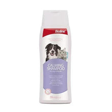 Bioline Calming Shampoo bottle, white with red label and purple front for dogs and cats