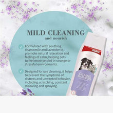 Bioline Calming Shampoo shown with purple label, mild cleaning and nourish info panel