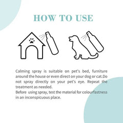 How to use calming spray for dogs and cats with application instructions and pet icons