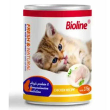 Bioline canned cat food can with chicken recipe label and kitten photo