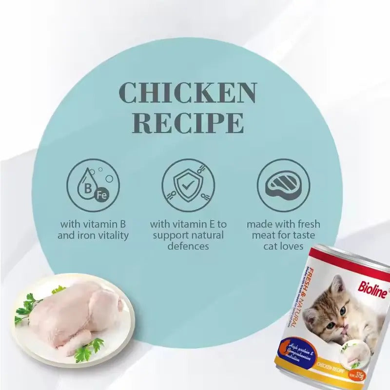 Bioline canned cat food 375g featuring chicken recipe and nutrition benefits for healthy cats