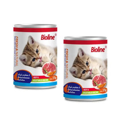 Bioline canned cat food beef and vegetables for healthy and happy cats, featuring a playful kitten on the label