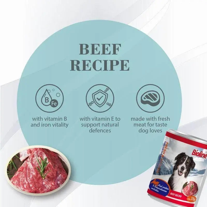 Bioline canned dog food 375g featuring beef recipe with vitamins for enhanced dog health