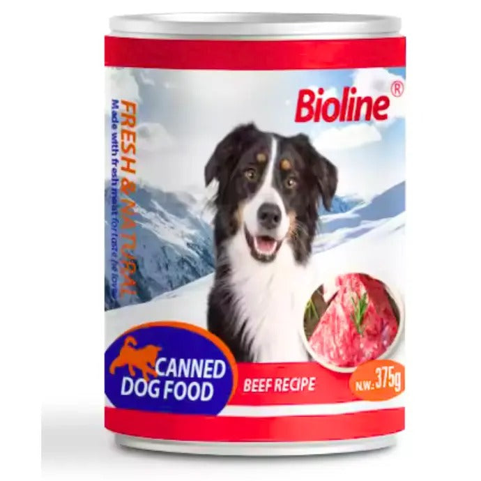 Bioline canned dog food 375g featuring a beef recipe with a dog on the label in a snowy background