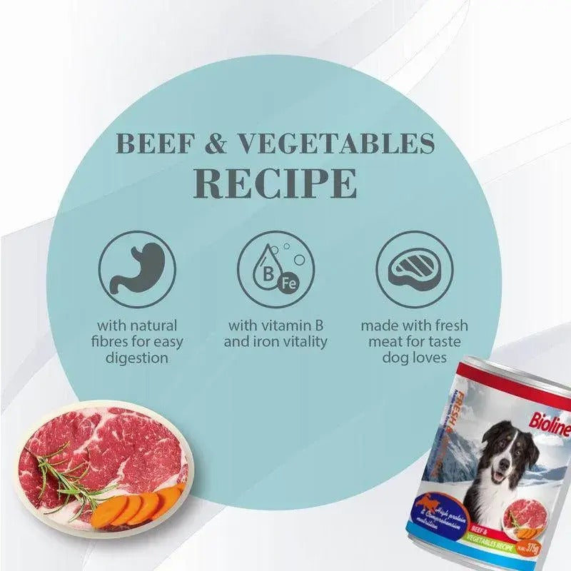 Bioline canned dog food 375g beef and vegetables recipe with natural fibers for easy digestion