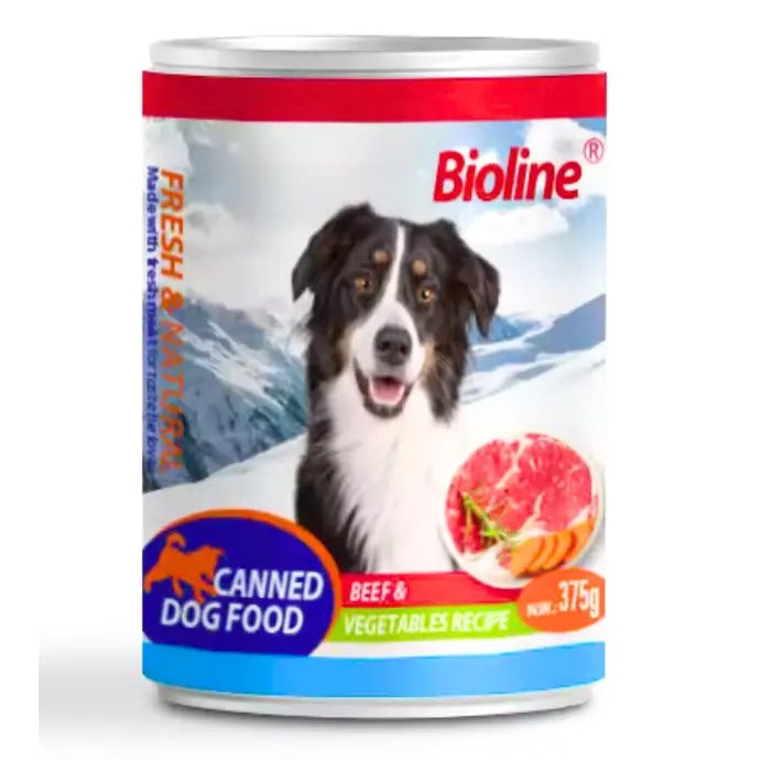 Bioline canned dog food 375g with beef and vegetables recipe, suitable for healthy canine meals