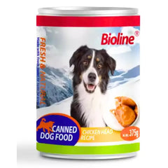 Bioline canned dog food 375g with chicken head recipe and image of a dog on the packaging