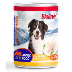 Bioline canned dog food 375g featuring chicken meat recipe with a dog on the label