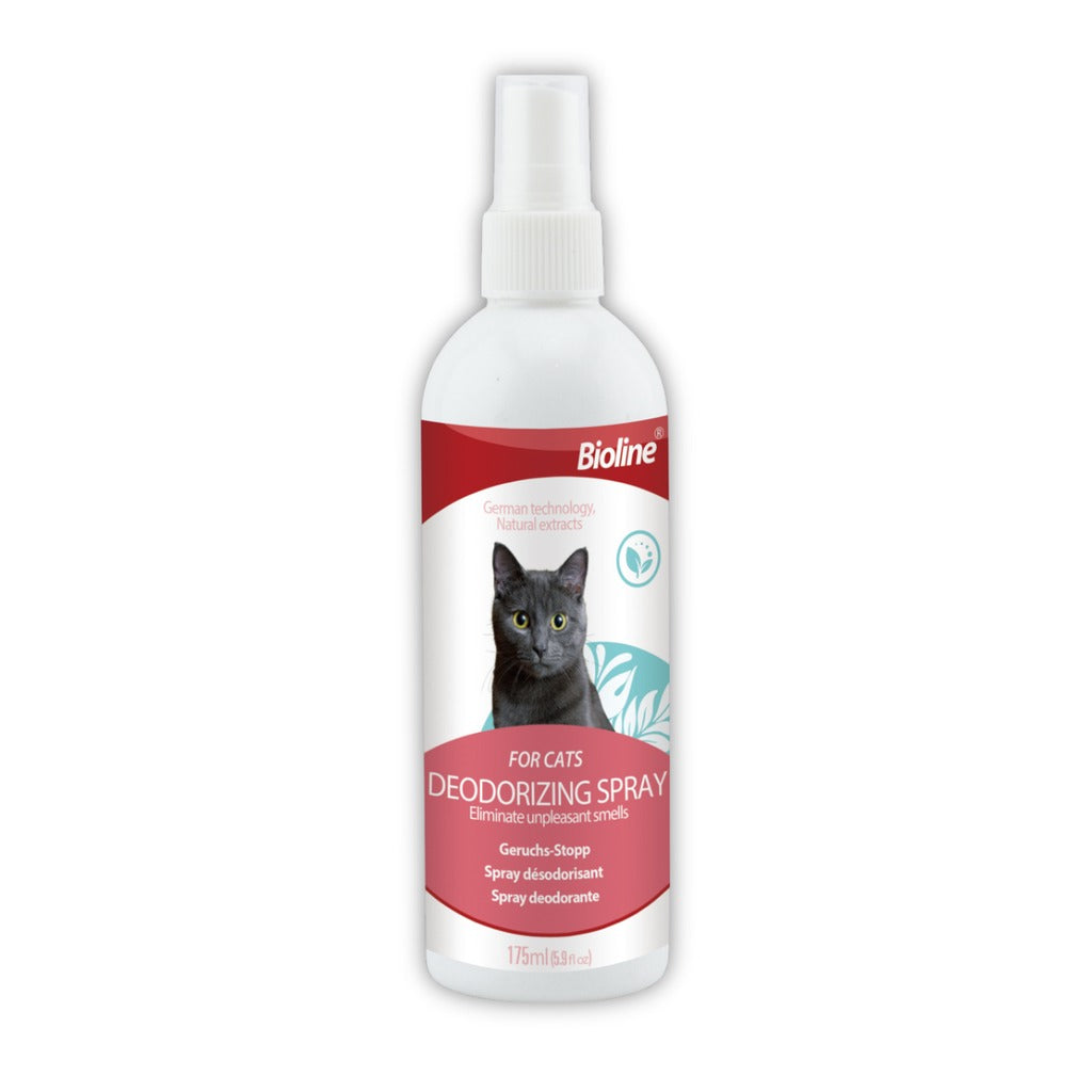 Bioline cat deodorizing spray in a 175ml bottle for eliminating unpleasant smells from cats