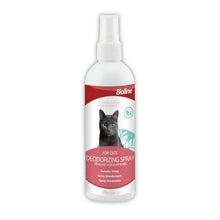 Deodorizing spray bottle for cats, white with Bioline label and cat portrait