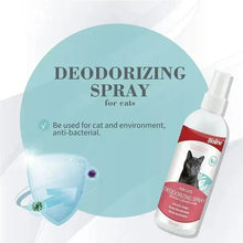 Deodorizing spray for cats bottle with Bioline label and cat illustration