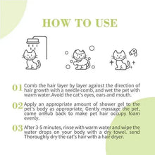 Cat insect repellent shampoo how-to-use instructions with line icons and text blocks