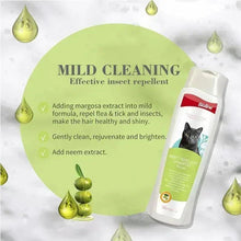 Cat insect repellent shampoo bottle with green 'Mild cleansing' label and droplet graphic