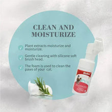 Cat paw cleaning foam bottle with pump, red label, and green herb sprig