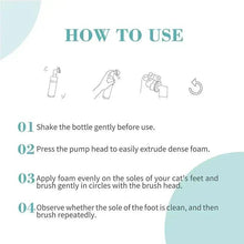 How-to-use panel for cat paw cleaning foam, showing pump icon and numbered steps