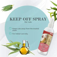 Cat spray bottle with white nozzle and red label, with green leaves and plant sprigs