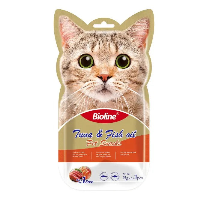 Bioline cat treats UAE featuring tuna and fish oil in a fun cat-shaped packaging