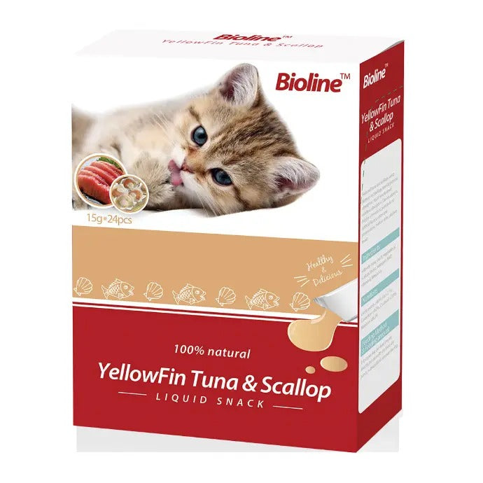 Bioline cat treats UAE featuring 100% natural Yellowfin Tuna and Scallop liquid snacks for cats
