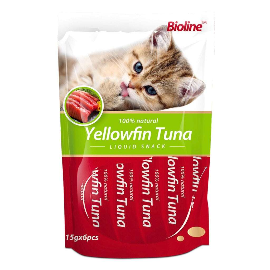 Bioline cat treats UAE with natural yellowfin tuna liquid snacks for cats in a resealable package