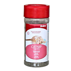 Bioline catnip 30g in a clear container with a red lid, designed to stimulate cats' playfulness