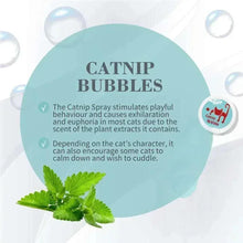 Catnip bubbles benefits panel with mint leaves and small bottle icon