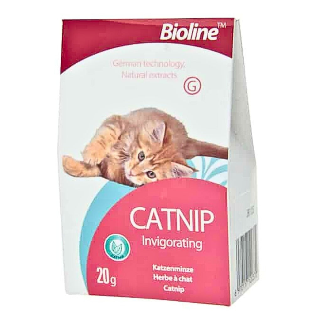 Bioline catnip for cats in 20g packaging, featuring an energetic kitten on the box