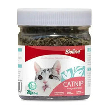 Bioline catnip leaves jar with dark herb contents, white lid, red Catnip label