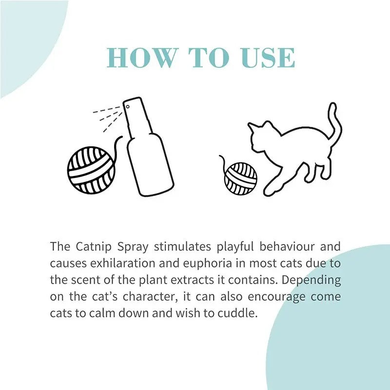 Bioline catnip spray 15ml usage instructions with playful cat and cat toy illustration