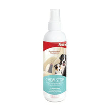 Bioline Chew Stop spray bottle, white with red label and dog graphic
