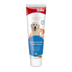 Bioline Toothpaste with Chicken Flavor for dogs in a 100g tube, designed to enhance oral hygiene